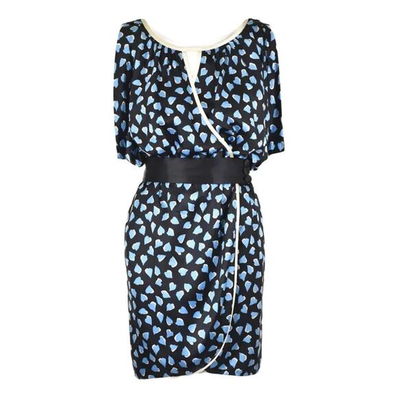 MARC JACOBS Black Blue Hearts 100% Silk Faux Wrap Mini Dress Size 10 A000415 - Picture 1 of 13